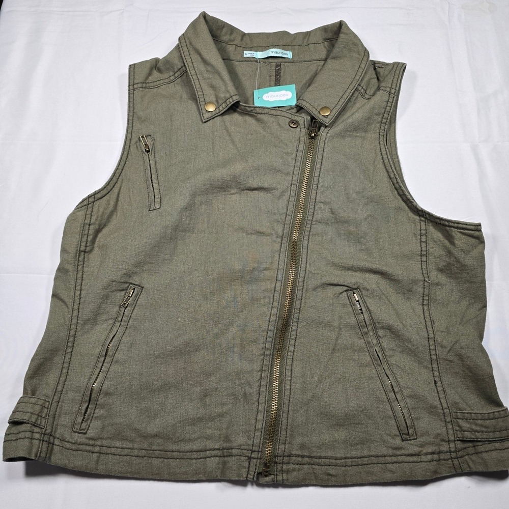 Maurices Womens XL Olive Green Linen Blend Asymmetric Moto Vest Zip NWT